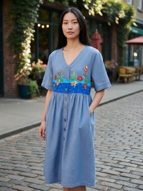 Go Softly Denim Patio Dress Size L Embroidered Aquatic Fish Turtle Chambray